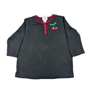 Quacker Factory Cherry Embroidered Top with Rhinestone buttons
